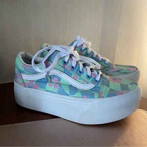 Vans Old Skool Stacked Checkered Floral Blue Platform Shoes